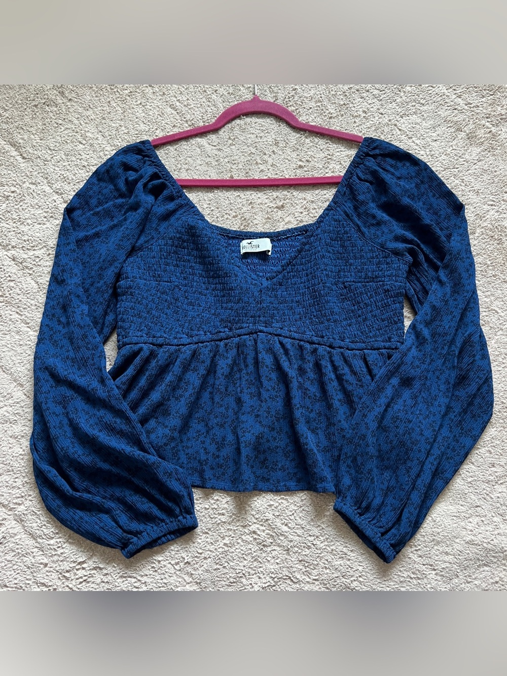Hollister‎ Cropped Blouse V-Neck Smocked Preppy Cottage Minimalist Boho Sz L